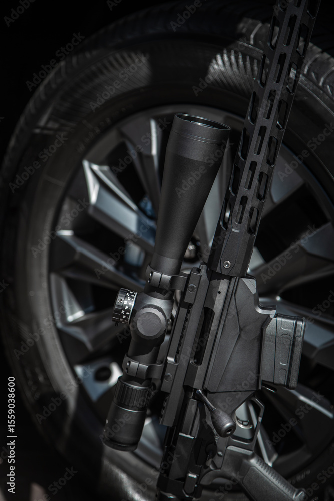Fototapeta premium Sniper Rifle with Scope Against Car Wheel