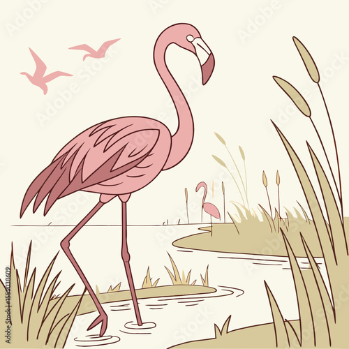 Gentle illustration of a flamingo wading in serene waters surrounded by grass and birds