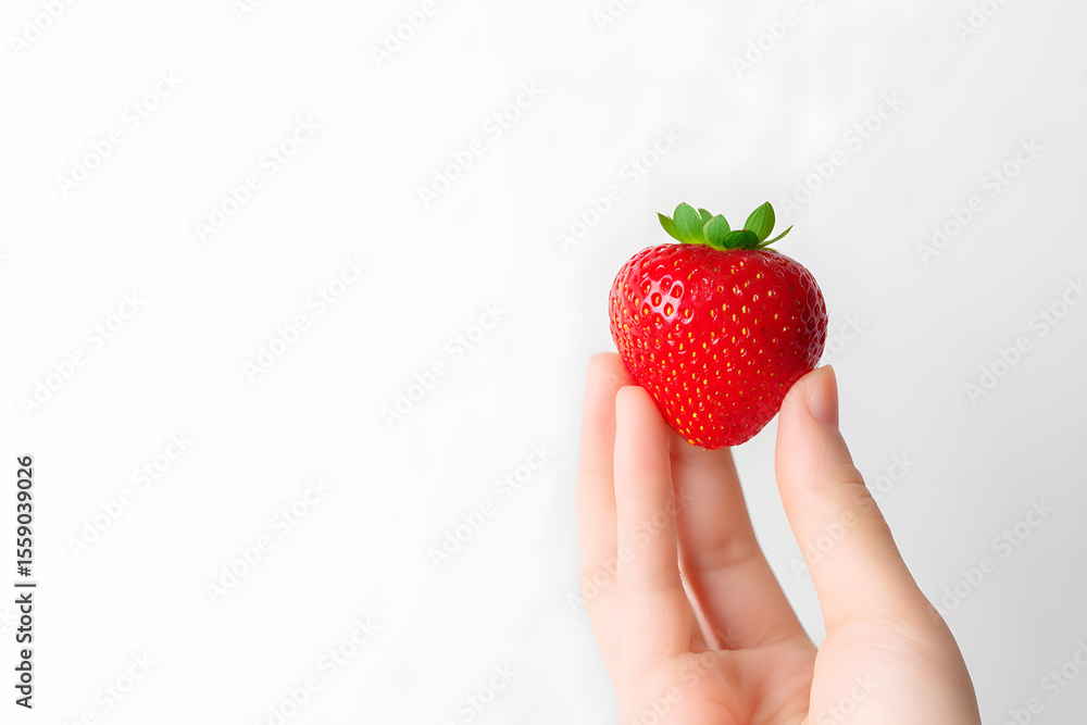 Obraz premium Close-up of fresh strawberry held by hand on white background. Macro shot of a ripe red strawberry held between fingers, isolated on white, perfect for food, freshness, and healthy lifestyle concepts.