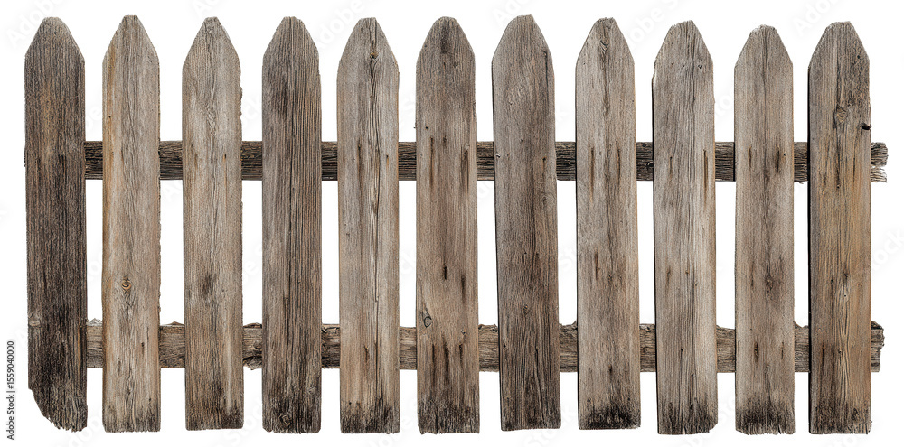 Fototapeta premium Artistic top view of aged wooden fence showcasing rustic charm and intricate textures on a clean white background