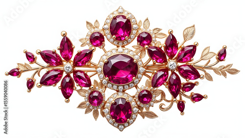 Ruby gemstone brooch with rose gold floral design and intricate leaf details, sparkling with clear stones, elegant and luxurious jewelry accessory