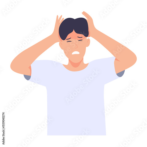 Man holding head, unwell, severe headache. Illness of Migraine. Vector illustration on white background.
