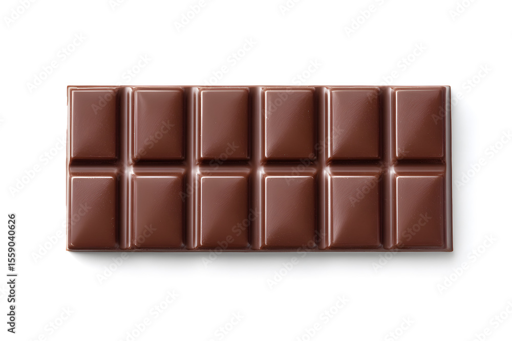 Obraz premium Top view of a milk chocolate bar with square segments. Smooth and glossy milk chocolate bar isolated on white background, viewed from above — perfect for confectionery, food ads, or dessert menus.
