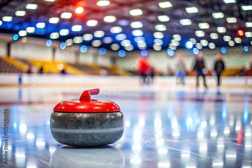 Red curling stone rests on icy surface with blurred players and stadium lights in background