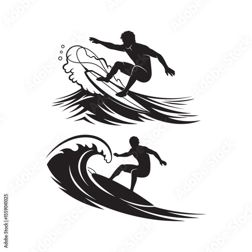 Surfer Silhouette Set Riding Waves Black and White Vector Icons
