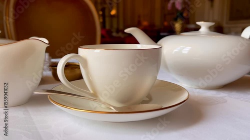 Wallpaper Mural A quiet tea setting with cream jug, teapot and gold-rimmed cup waiting, evoking the charm of traditional English hospitality, slow motion Torontodigital.ca