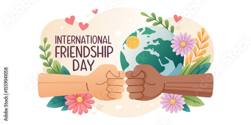 Cheerful and heartwarming flat illustration showing two hands joining in a friendly fist bump over the Earth with surrounding flora, hearts, and stars
