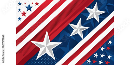 Diagonal layered American flag design with silver and white stars creating a festive patriotic background full of pride and national unity