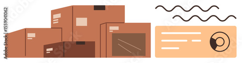Cardboard boxes stacked near a shipping label with dynamic lines. Ideal for delivery, shipping, logistics, e-commerce, warehouse management, parcel tracking, fulfillment. Represents simple flat