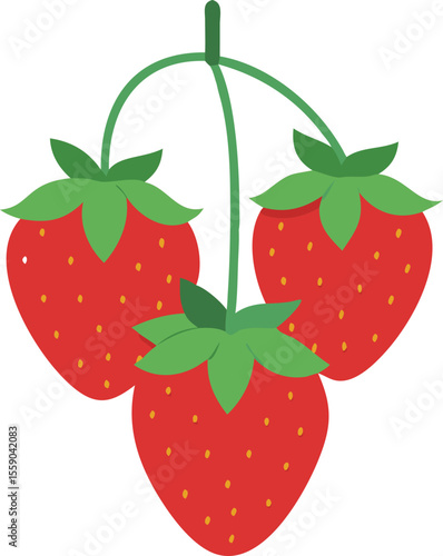 Three ripe red strawberries with green leaves isolated on transparent background silhouette
