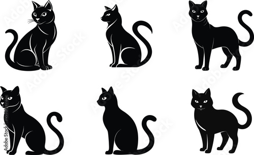A vector illustration set of black cat silhouettes, perfect for Halloween pet designs