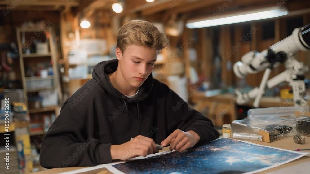 Teen assembles a homemade telescope using PVC pipes and a lens kit in a garage setting. Teen assembles a homemade telescope using PVC pipes and a lens kit in a garage setting.