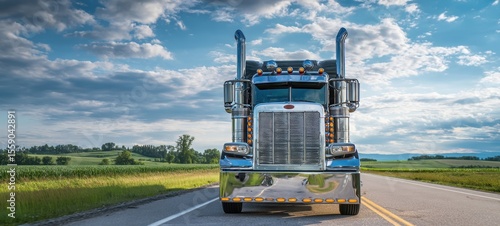 The shining truck driving along a scenic highway under a beautiful sky.