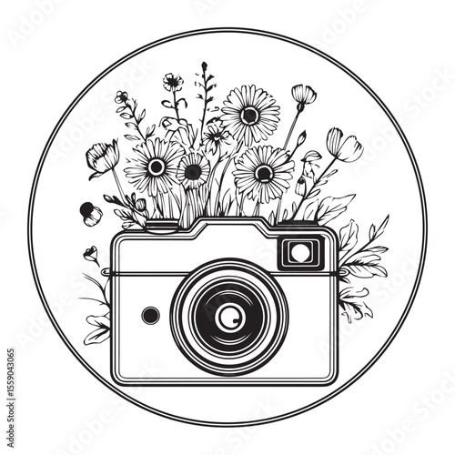 Vintage camera with blooming flowers illustration