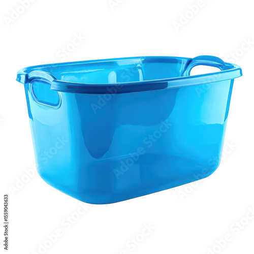 Bright blue plastic laundry basket with handles on a black background