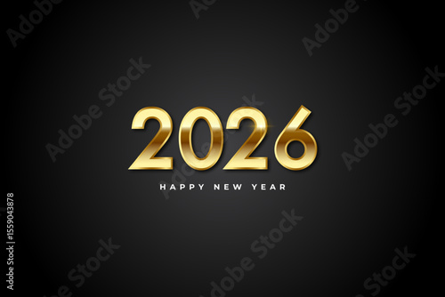 Happy new year 2026. Elegant gold text with light on black background. Vector illustration