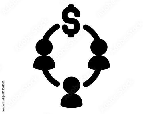 Three connected figures around a central dollar sign, indicating financial network