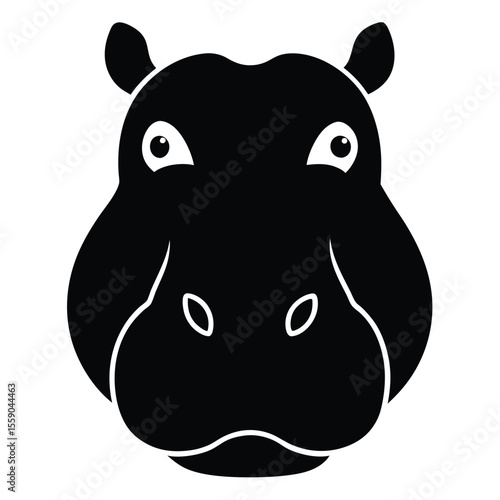 A bold black and white hippopotamus head icon. A simple vector silhouette of a wild African animal face for a minimalist logo