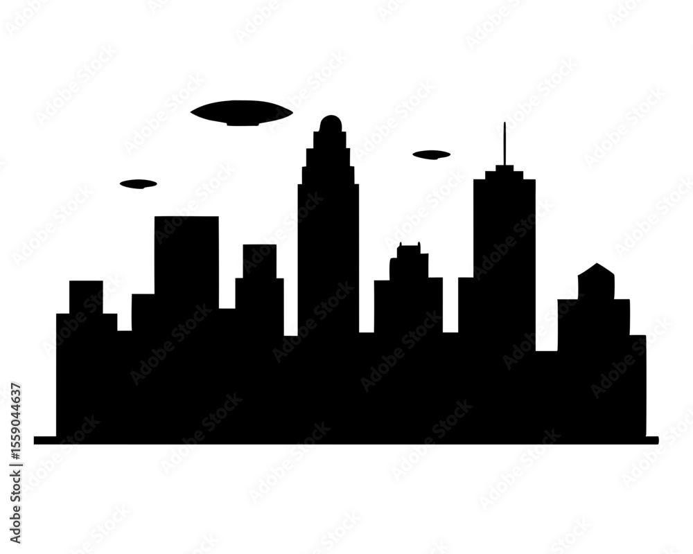 Obraz premium City Silhouette with UFOs Flying Above, a futuristic and otherworldly scene