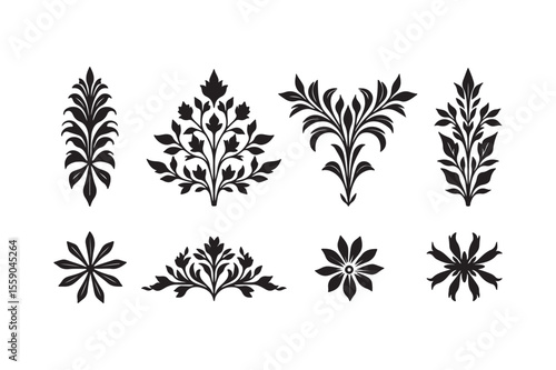 Collection of elegant black floral and leafy decorative ornaments