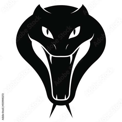 Aggressive snake head silhouette in black with fangs and hood, great for warning signs, tattoos, mascots, logo designs, and reptile vector graphics
