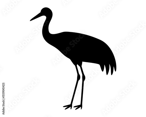 A silhouette of a Sandhill crane standing isolated against a white background