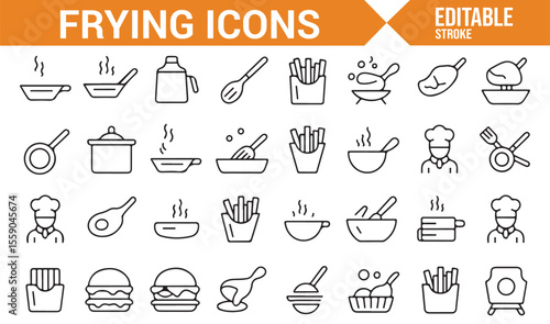 Frying Food Icons for Culinary, Restaurant, and Food Preparation Graphics
