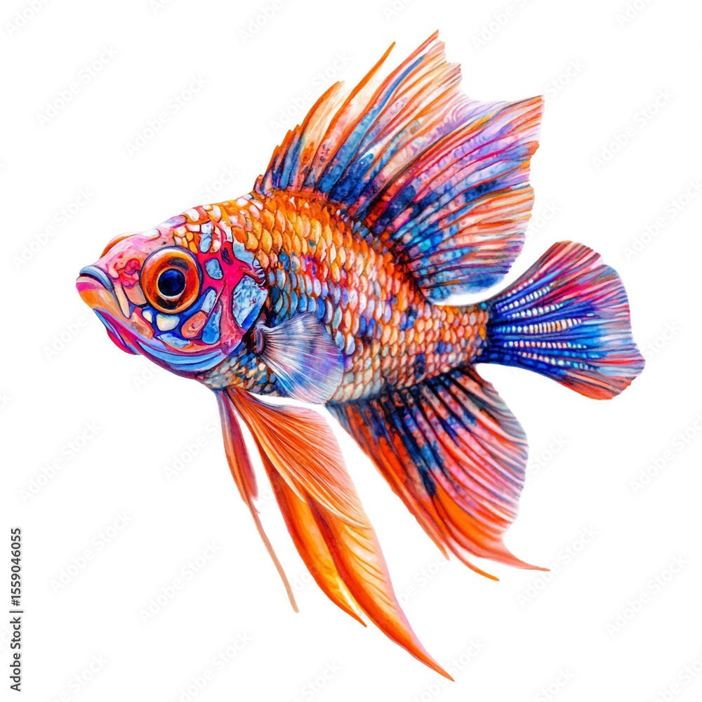 Fototapeta premium Vibrant colorful fish with long flowing fins swimming in dark water