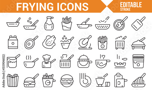 Icon Set Featuring Frying Pans, Oil, Chicken, and Fries for Cooking Design