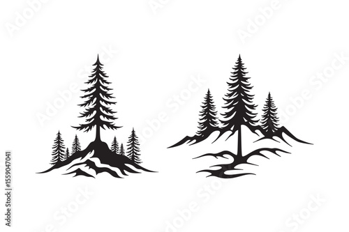 Stylized black silhouette of pine trees on mountainous terrain