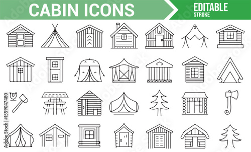 Black and White Cabin Icons Set for Outdoor Design