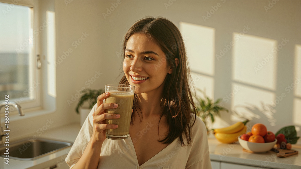Young Woman Smiling with Smoothie in Bright Sunlit Kitchen, Surrounded by Fresh Fruits
Young Woman Smiling with Smoothie in Bright Sunlit Kitchen, Surrounded by Fresh Fruits