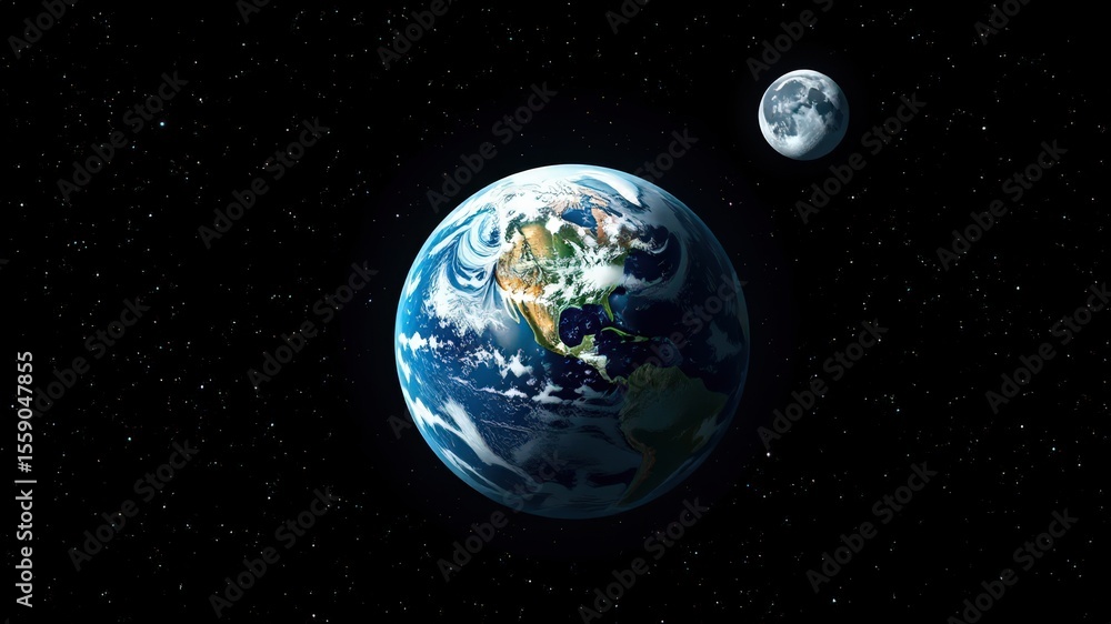 Fototapeta premium Earth and Moon in Space Against Black Background with Stars