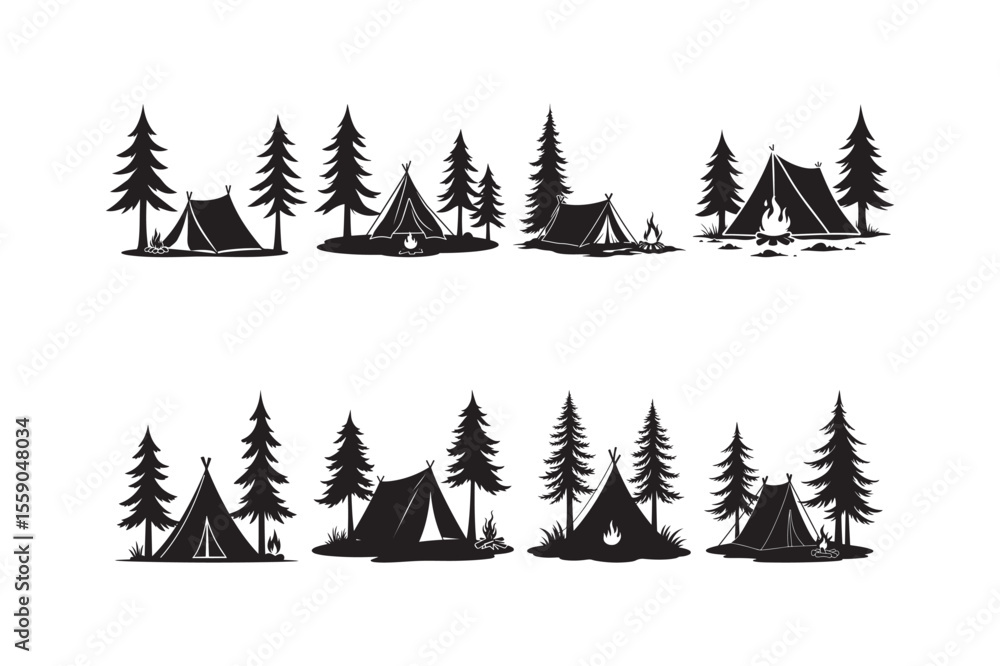 Obraz premium Silhouettes of tents and campfires amidst pine trees