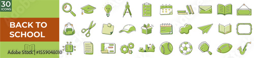Back to school icons set in green color for education theme  