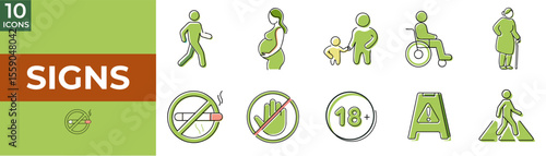 Set of green signs for pedestrian and safety symbols  