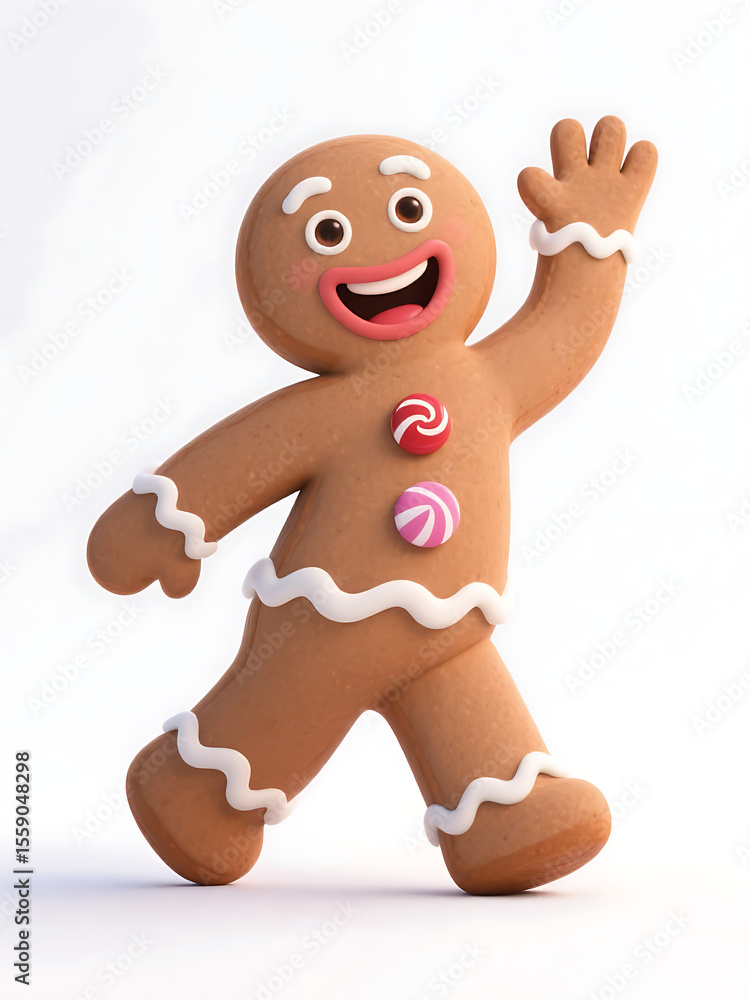 Obraz premium Happy gingerbread man walking and waving, 3D rendered cartoon character with icing and candy decorations, festive Christmas cookie design on white background