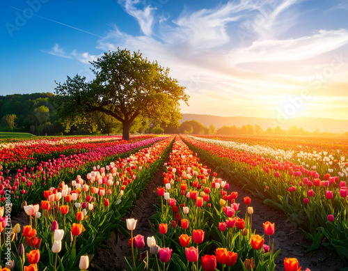 Wallpaper Mural Colorful Tulip Field at Sunset with Single Tree Torontodigital.ca