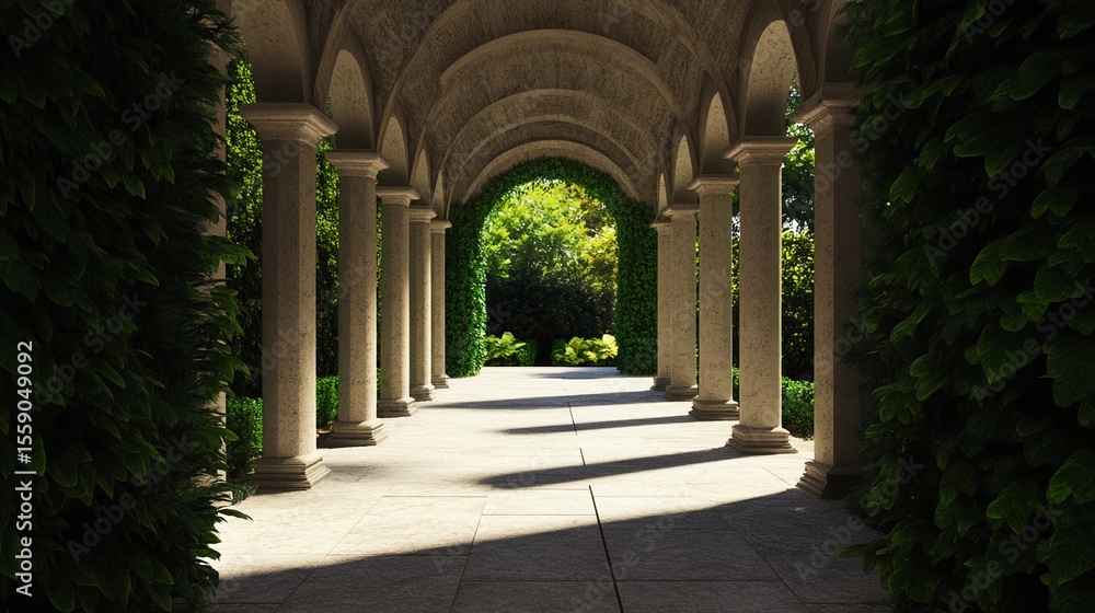 Fototapeta premium Beautiful garden pathway lined with arches and greenery in the sunlight during mid-day