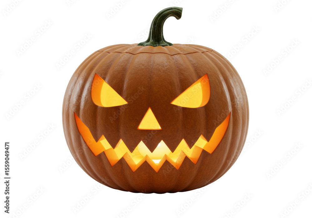 A dark brown-orange carved Halloween Jack-o'-lantern, glowing with warm orange light, featuring triangular eyes, nose, and a wide, jagged, toothy grin, isolated on a transparent studio background, A dark brown-orange carved Halloween Jack-o'-lantern, glowing with warm orange light, featuring triangular eyes, nose, and a wide, jagged, toothy grin, isolated on a transparent studio background,