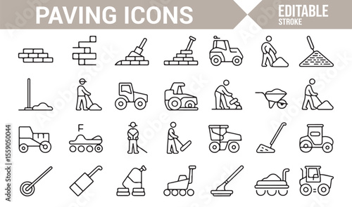 Simple Construction Icons Featuring Paving Tools, Machines, and Workers