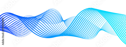 Abstract modern background with flowing wave pattern composed of thin, translucent lines in shades of blue and cyan. Smooth, undulating rhythm and white backdrop, soundwaves or fluid motion.