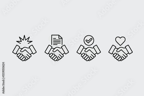 Four handshake icons representing different agreement types isolated on white background
