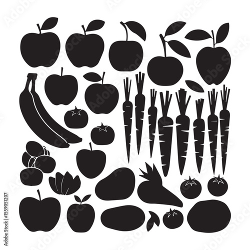 Fruit and Vegetable Silhouette Art black silhouette vector style on a white background.