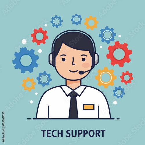Tech support specialist with headset and name tag. Friendly tech support agent provides assistance and troubleshooting.  Professional tech support image perfect for websites and online help resources.