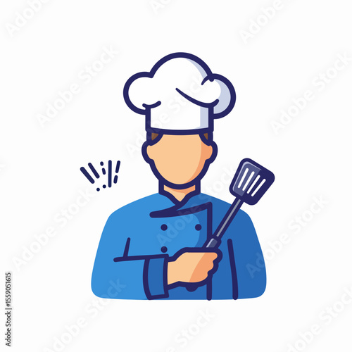 Chef in uniform holding spatula.  Culinary professional in blue chef jacket and toque.  This image is perfect for food blogs, restaurant websites, or culinary school materials.