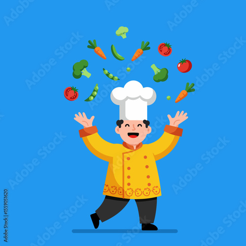Happy chef juggling fresh vegetables. Colorful illustration features smiling chef tossing broccoli, carrots, peas, and tomatoes.  Joyful food illustration perfect for World Chocolate Day promotions,