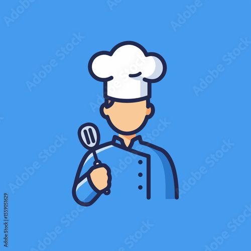 Happy World Chocolate Day celebration with cartoon chef holding a spoon. Chocolate Day image features a smiling chef in uniform holding kitchen utensil.