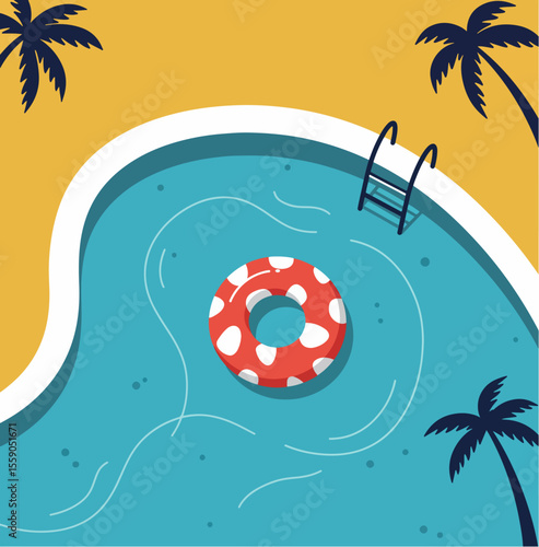 Summer pool floatie safety illustration. Red polka dot inflatable ring in swimming pool. Water safety concept for World Drowning Prevention Day.