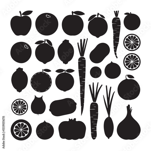 Fruit and Vegetable Silhouette Art black silhouette vector style on a white background.